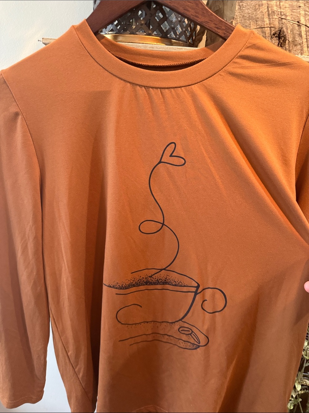 SHEIN Rust Brown Long-Sleeve Tee with Black Line Graphic NWOT